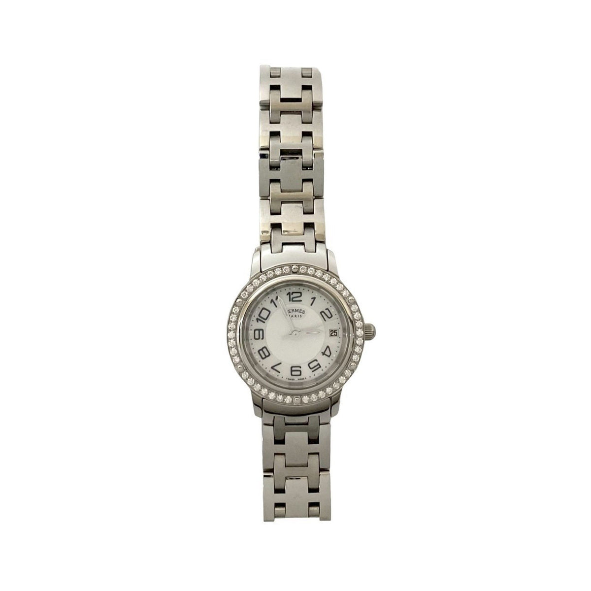 Pre-Owned HERMES Clipper Diamond Bezel Quartz Stainless Steel Watch for Women, Silver, 27524