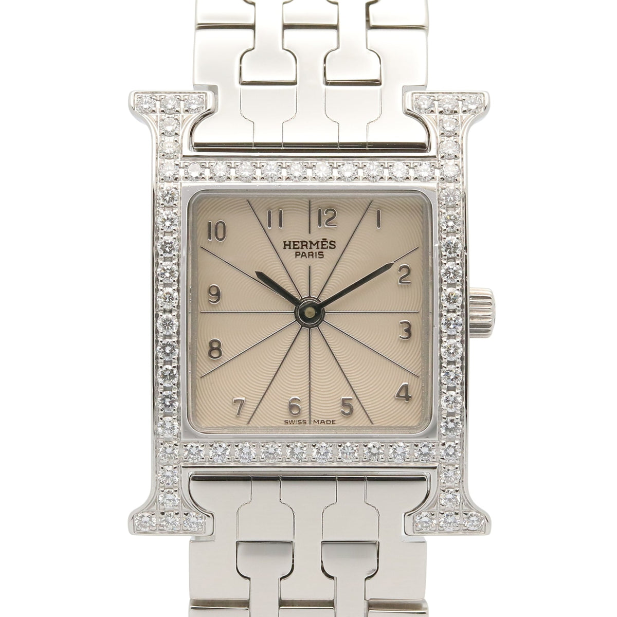 Pre-Owned Hermes H-Watch Diamond Bezel Wristwatch Stainless Steel Ladies Ivory HH1.230