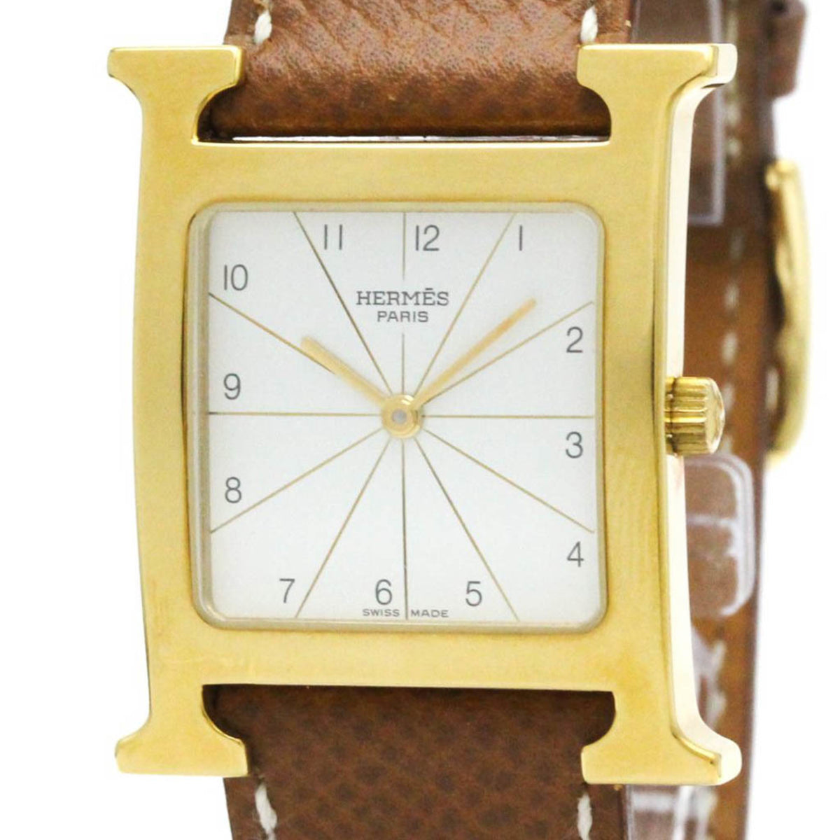 Pre-Owned HERMES H Watch Gold Plated Leather Quartz Mens Watch HH1.501 BF580575