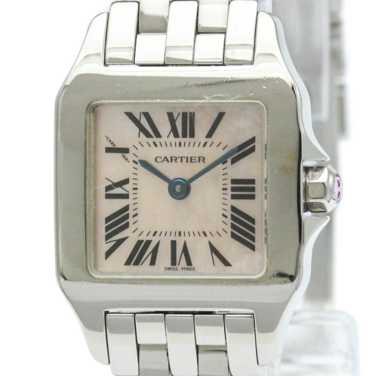 Gebrauchte, polierte Cartier Santos Demoiselle Damenuhr mit rosa Perlmutt-Zifferblatt W25075Z5 BF579736 