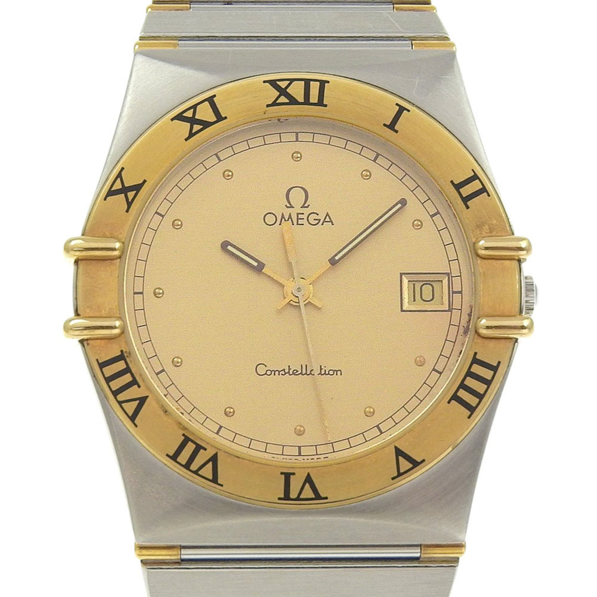 Pre-Owned OMEGA Constellation watch, caliber 1441 1448.431, stainless steel with yellow gold, 1989, quartz movement, analog display, gold dial, men's.