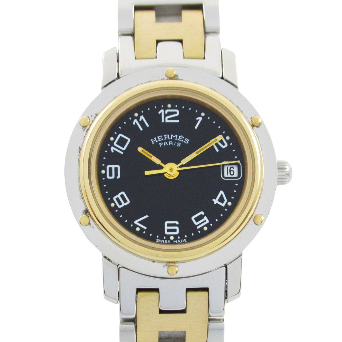 Gebrauchte Hermes Clipper Uhr GP (vergoldet) Edelstahl Damen Schwarz CL4.220 