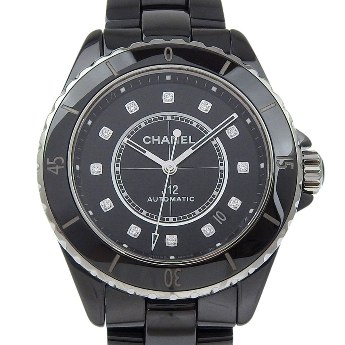 Pre-Owned CHANEL J12 Watch, 12-Piece Diamond, Cal. 12.1, H5702, Ceramic, Automatic, Analog Display, Black Dial, Men's