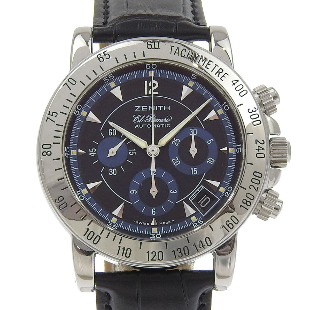 Gebrauchte Zenith Rainbow Uhr El Primero Date cal.400 02.0461.400 Edelstahl x geprägtes Leder Automatik Schwarzes Zifferblatt Herren 