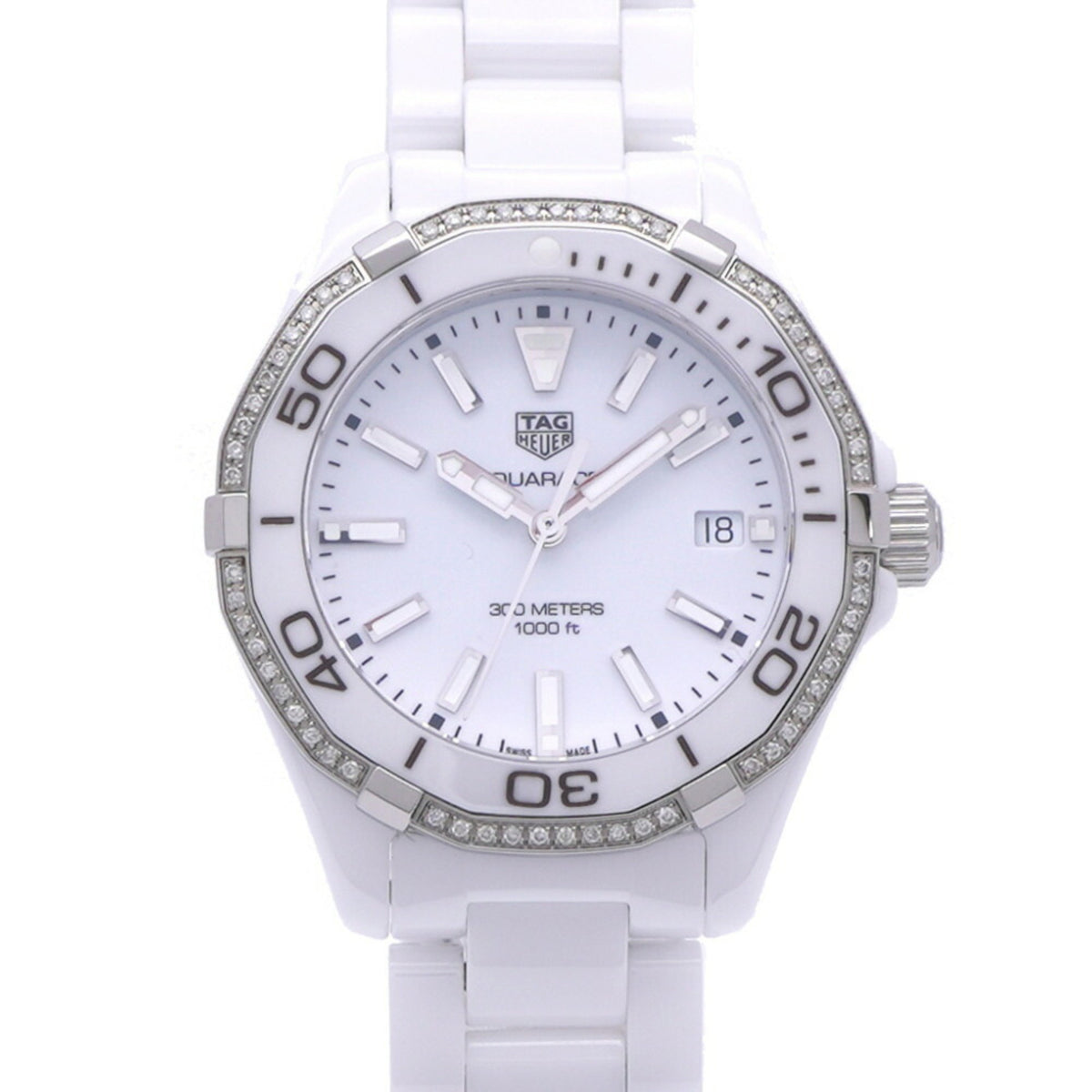 Pre-Owned Like new TAG Heuer Aquaracer Diamond Bezel WAY1396 Quartz Watch White Ceramic/Diamond Dial 1529TAG HEUER Men's