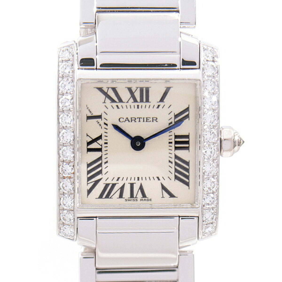 Gebrauchte Cartier Damenuhr Tank Francaise SM Echte Diamantlünette Batteriebetrieben Elfenbeinzifferblatt Weißgold 750WG W50012S3 