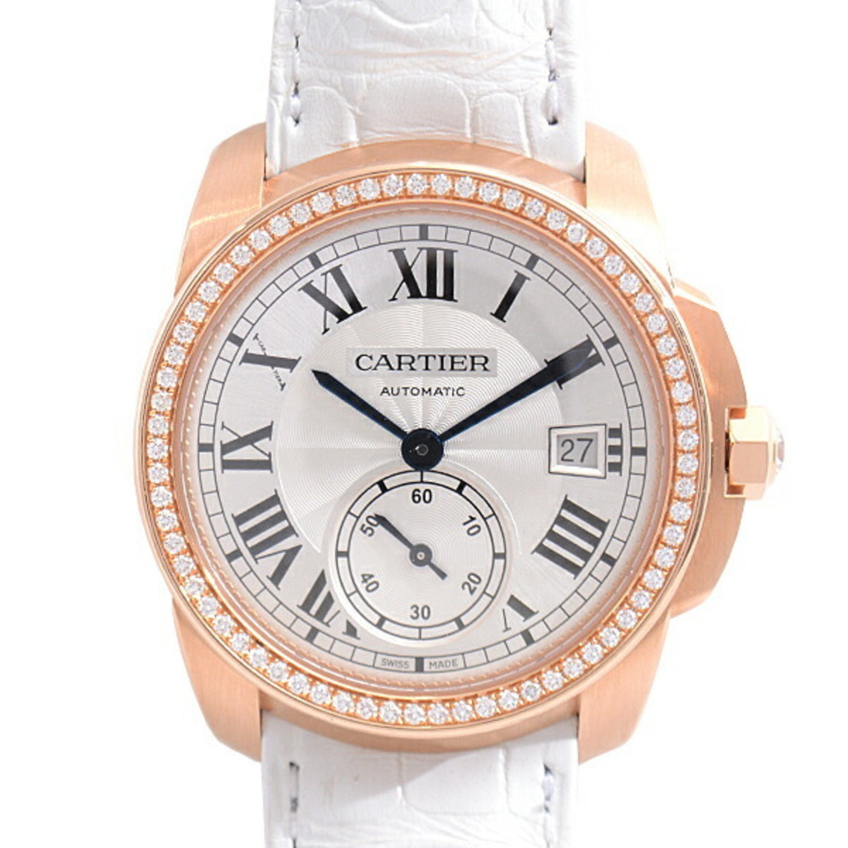 Gebrauchte Cartier Herrenuhr Calibre de Automatic Diamantlünette Silbernes Zifferblatt Rotgold Echte Diamanten 750PG WF100013 