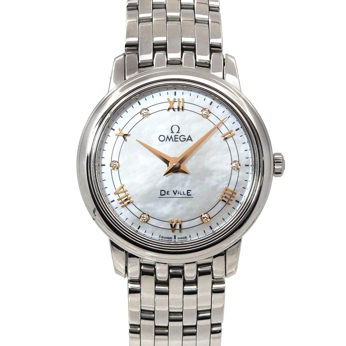 Gebrauchte OMEGA De Ville Prestige 424 10 27 60 55 001 Damenuhr 6P Diamant Weißes Muschelquarz 