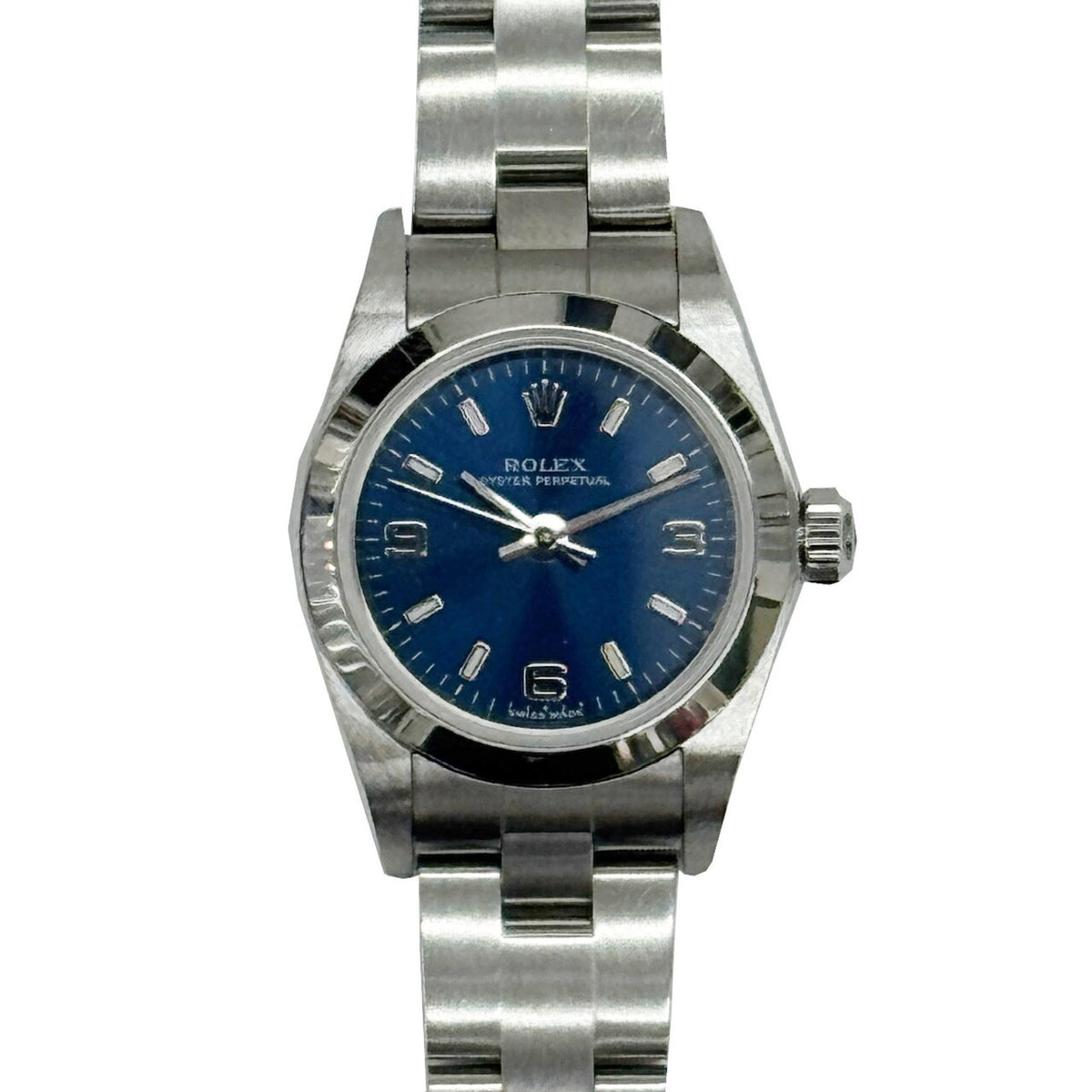 Gebrauchte ROLEX Rolex Oyster Perpetual 76080 F 2004 Damenuhr mit blauem Zifferblatt und Edelstahlgehäuse 