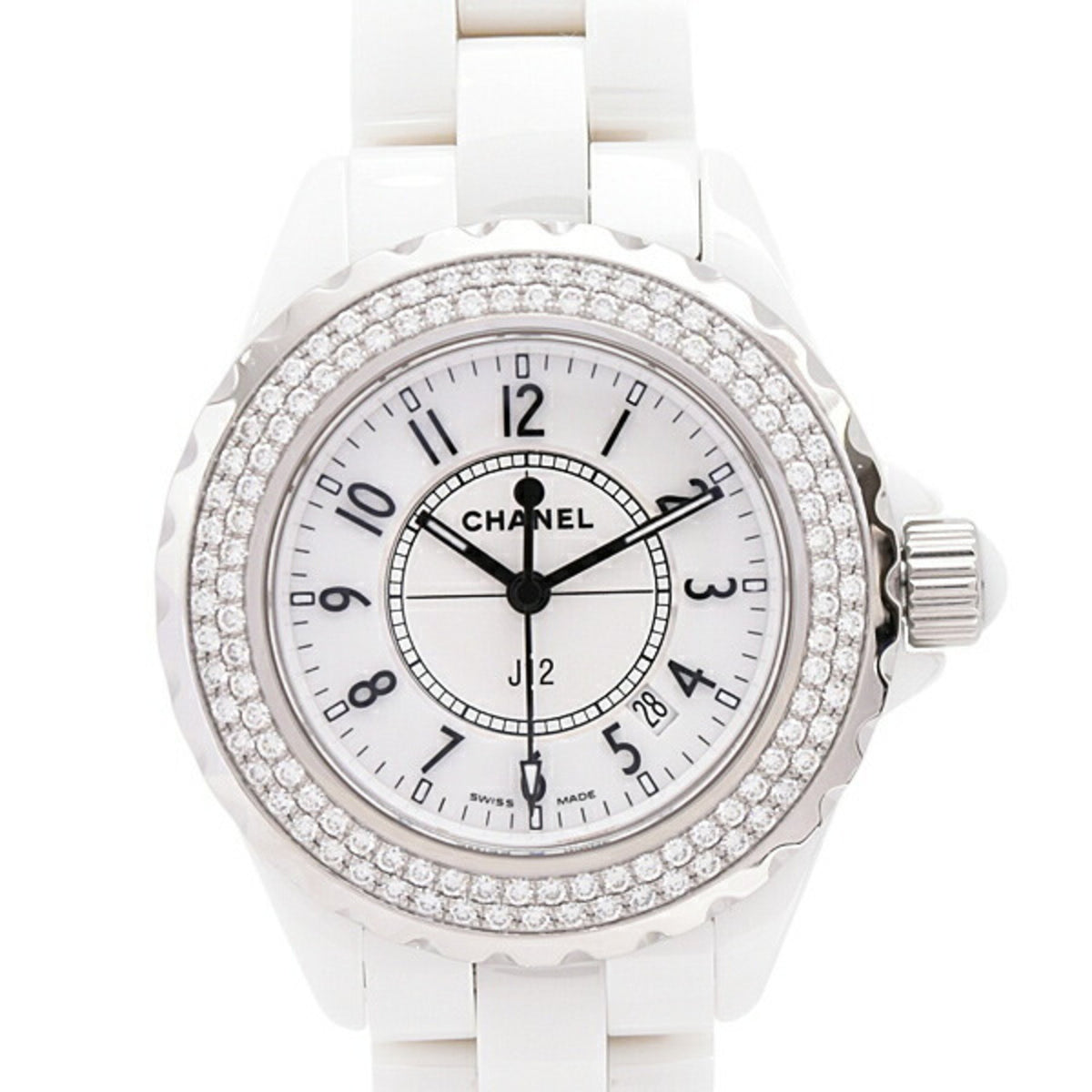 Gebrauchte Chanel Damenuhr, J12, Datum, 33 mm, Doppeldiamantlünette, batteriebetrieben, weißes Zifferblatt, CE, CHANEL, H0967 