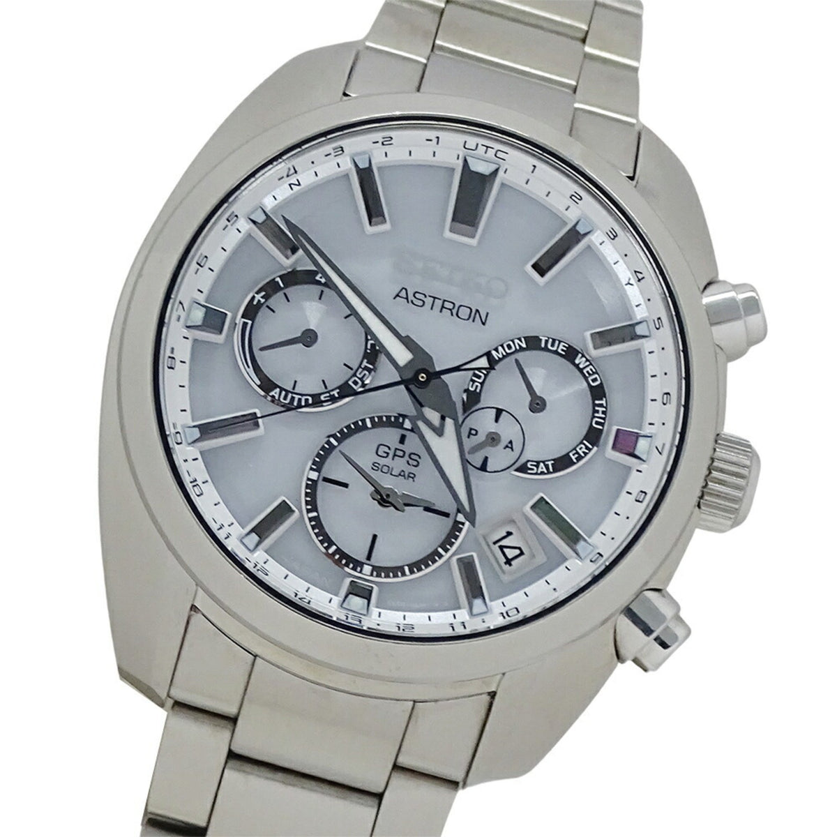 Gebrauchte Seiko Astron 5X53-0AJ0 SBXC047 Herrenuhr GPS Solar Radio Edelstahl SS Silber Weiß 