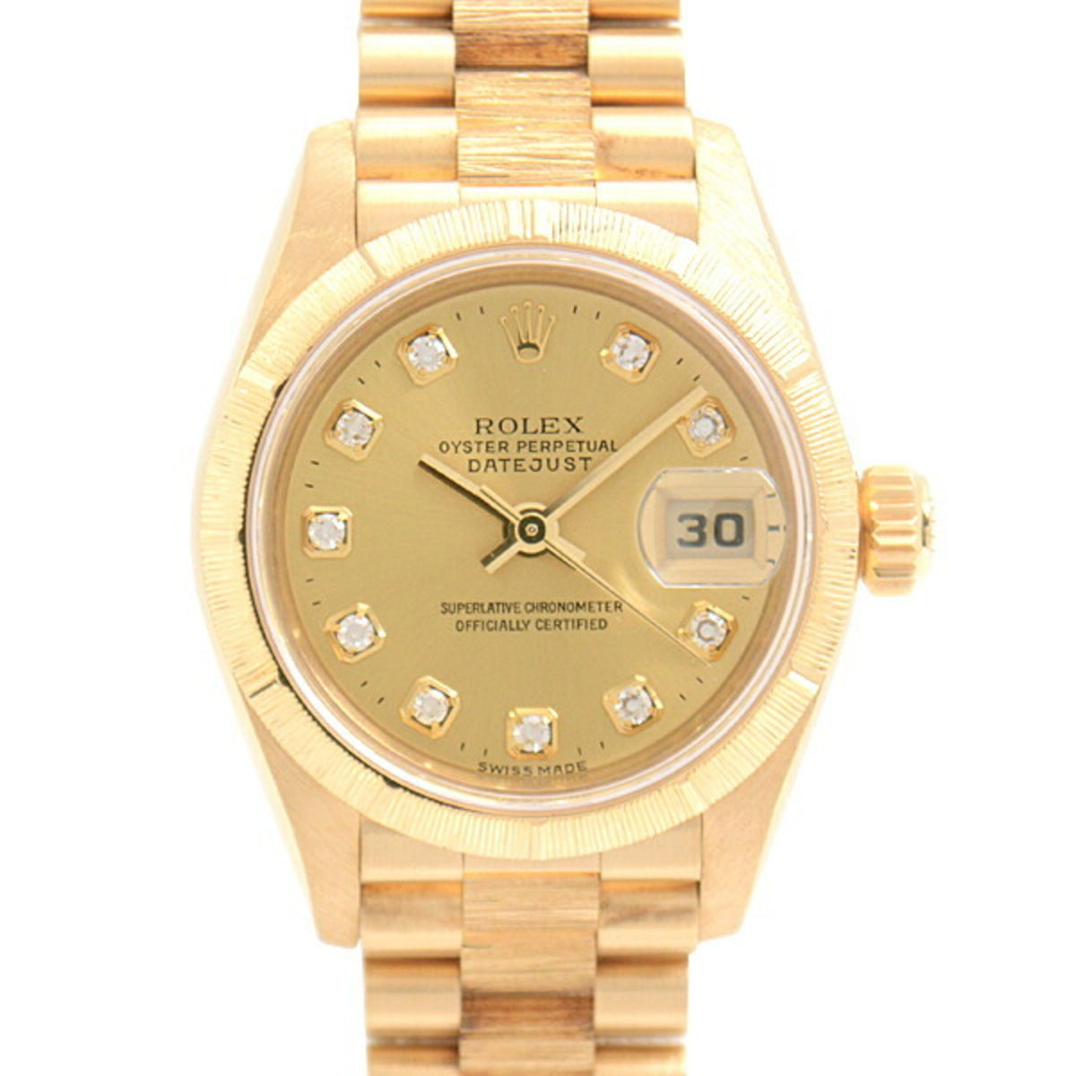 Gebrauchte Rolex-Uhr für Damen, Datejust, Rindenoberfläche, 10P-Diamant, Automatik, goldenes Zifferblatt, A-Serie 750YG, ROLEX 79278G 