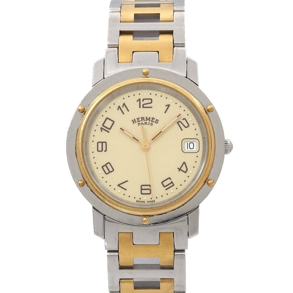 Pre-Owned Herm?s Clipper CL6 720 Men's Ivory Quartz Watch with Date Display, Two-Tone