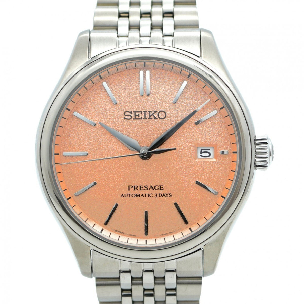 Gebrauchte Seiko Presage 6R55-00H0 Herrenuhr mit orangefarbenem Zifferblatt 