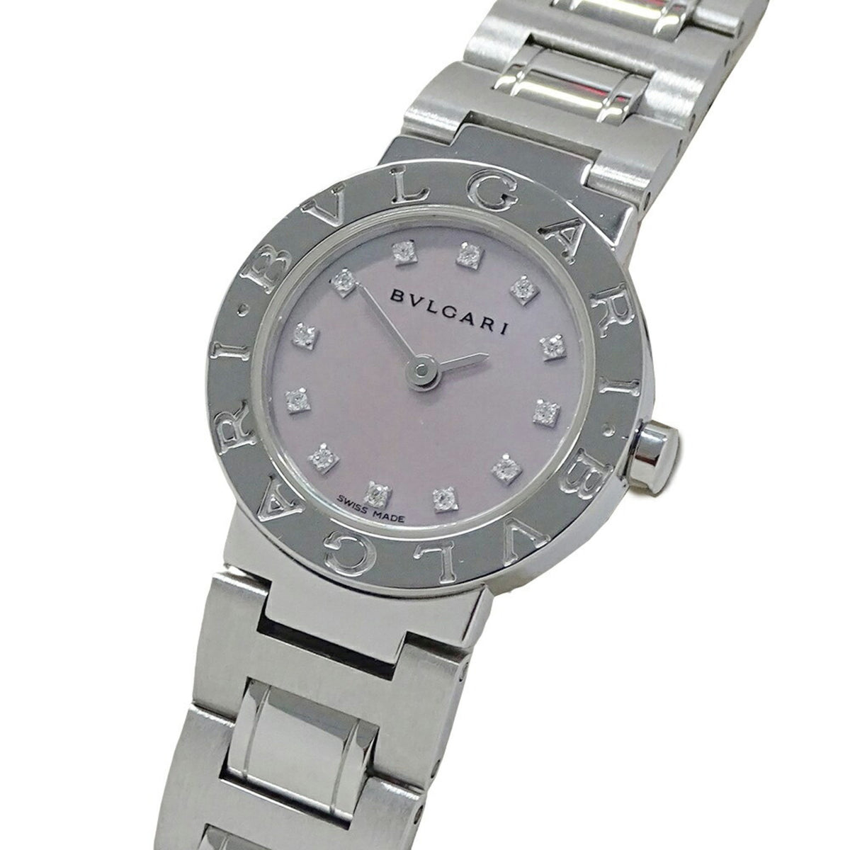 Gebrauchte BVLGARI Damenuhr 12P Diamant Pink Shell Quarz Edelstahl SS BB23SS Silber Rund Poliert 