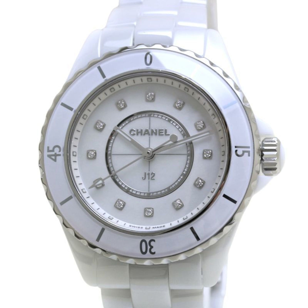 Gebrauchte CHANEL J12 12P Diamant H5704 Weißes Gehäuse Keramik Edelstahl Damen 39842 Uhr 