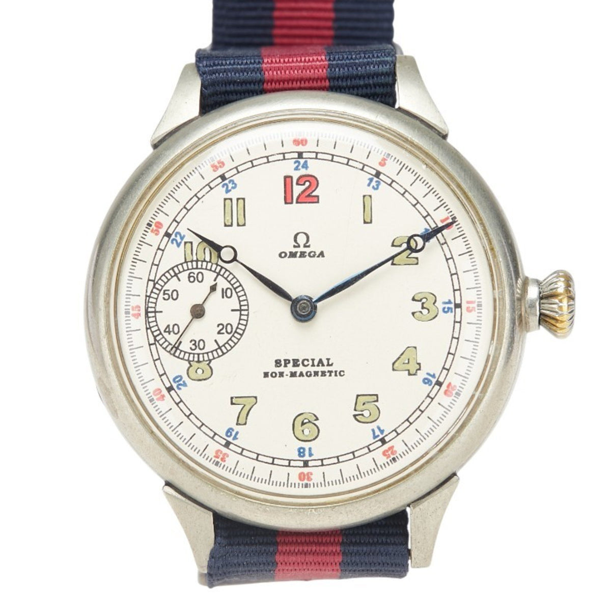 Gebrauchte antike OMEGA-Fliegeruhr mit speziellem nicht magnetischem Armband (Aftermarket), automatisches beiges Zifferblatt, Edelstahl-Nylon für Herren 