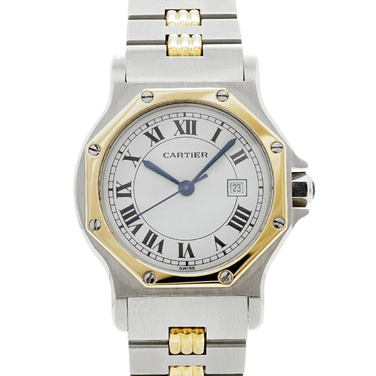 Pre-Owned Cartier Santos Octagon LM Godron Bracelet White Dial Watch for Men and Women