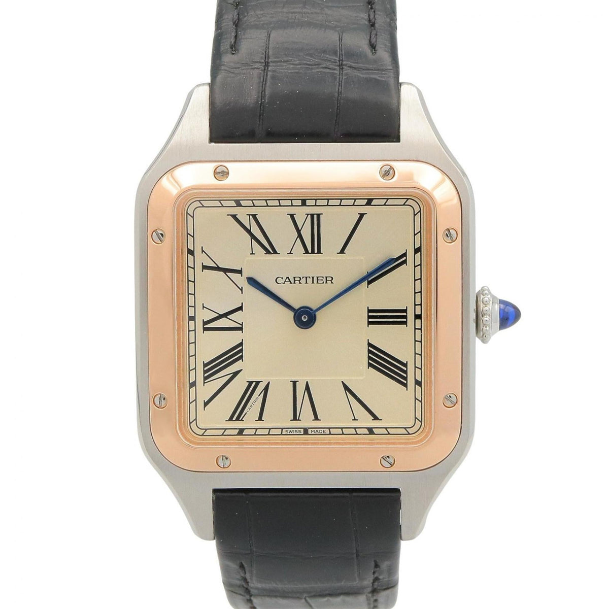 Pre-Owned Cartier Santos Dumont LM Watch, 18K Pink Gold (PG), Stainless Steel, Leather Strap, Men's, Silver/Gold Tone, W2SA0011