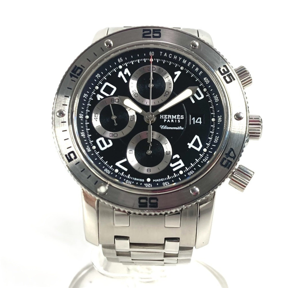 Gebrauchte HERMES CP2.910 Clipper Diver Chronograph Date Watch Herren Logo Back Skelett Armbanduhr Edelstahl Schwarz 
