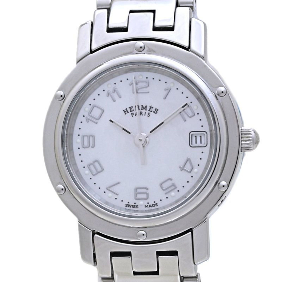 Pre-Owned HERMES Clipper Nacr?e White Shell Watch with New Buckle, Women's, CL4.210.212, 3821 Stainless Steel, 40044