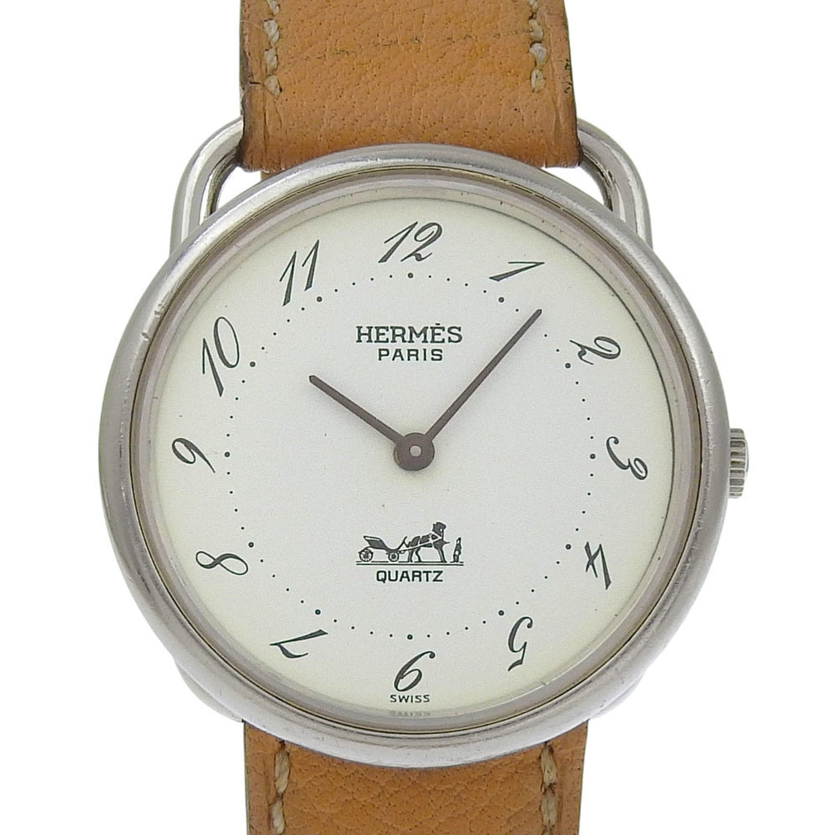 Pre-Owned Hermes Arceau watch, stainless steel, 1991 model, quartz, analog, white dial, unisex.