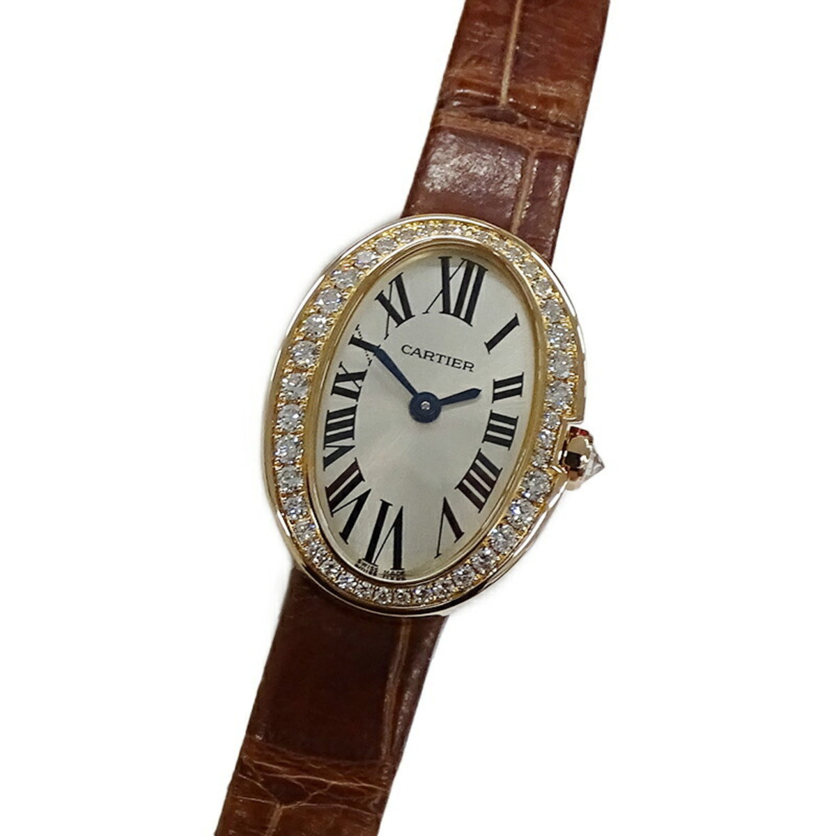 Gebrauchte Cartier Damen Mini Baignoire Diamant Quarz 750PG Leder WB520028 Rotgold Braun Poliert 