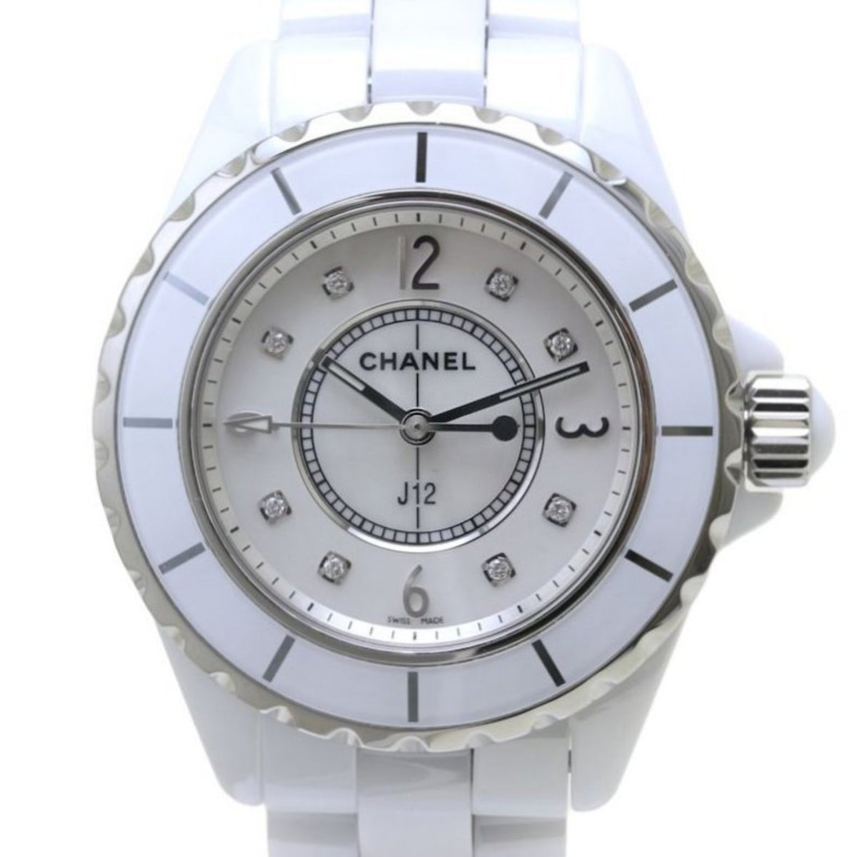 Gebrauchte CHANEL J12 33 mm 8P Diamantschale H2422 Weiße Keramik Edelstahl Damenuhr 39846 