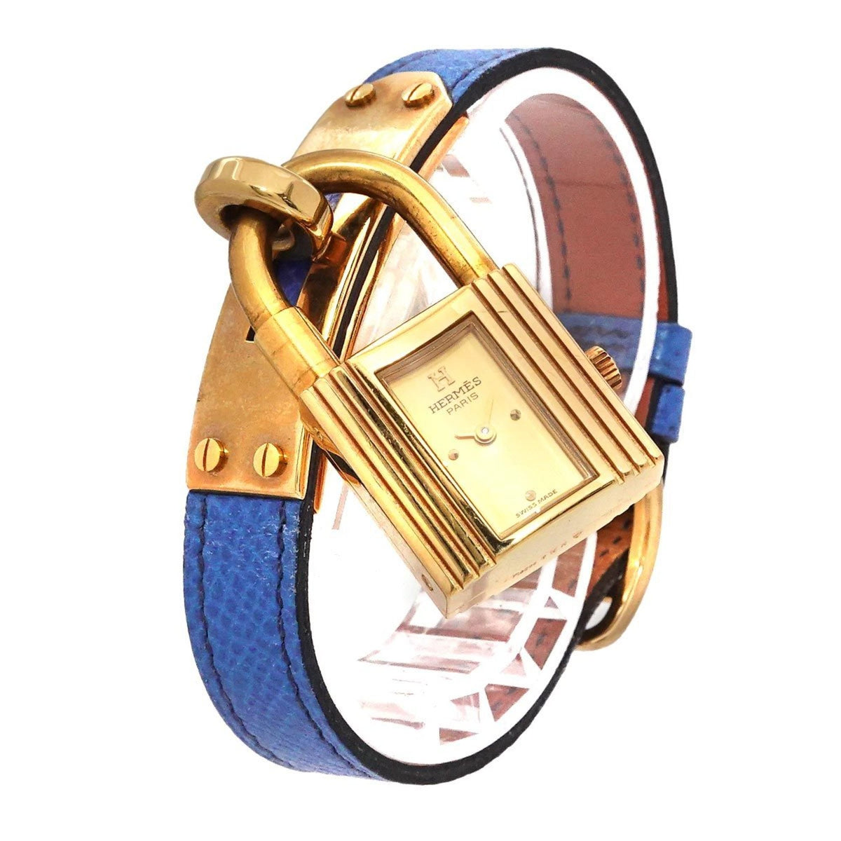 Gebrauchte Hermes Kelly Uhr Damen Gold Blau Quarz Vorhängeschloss 