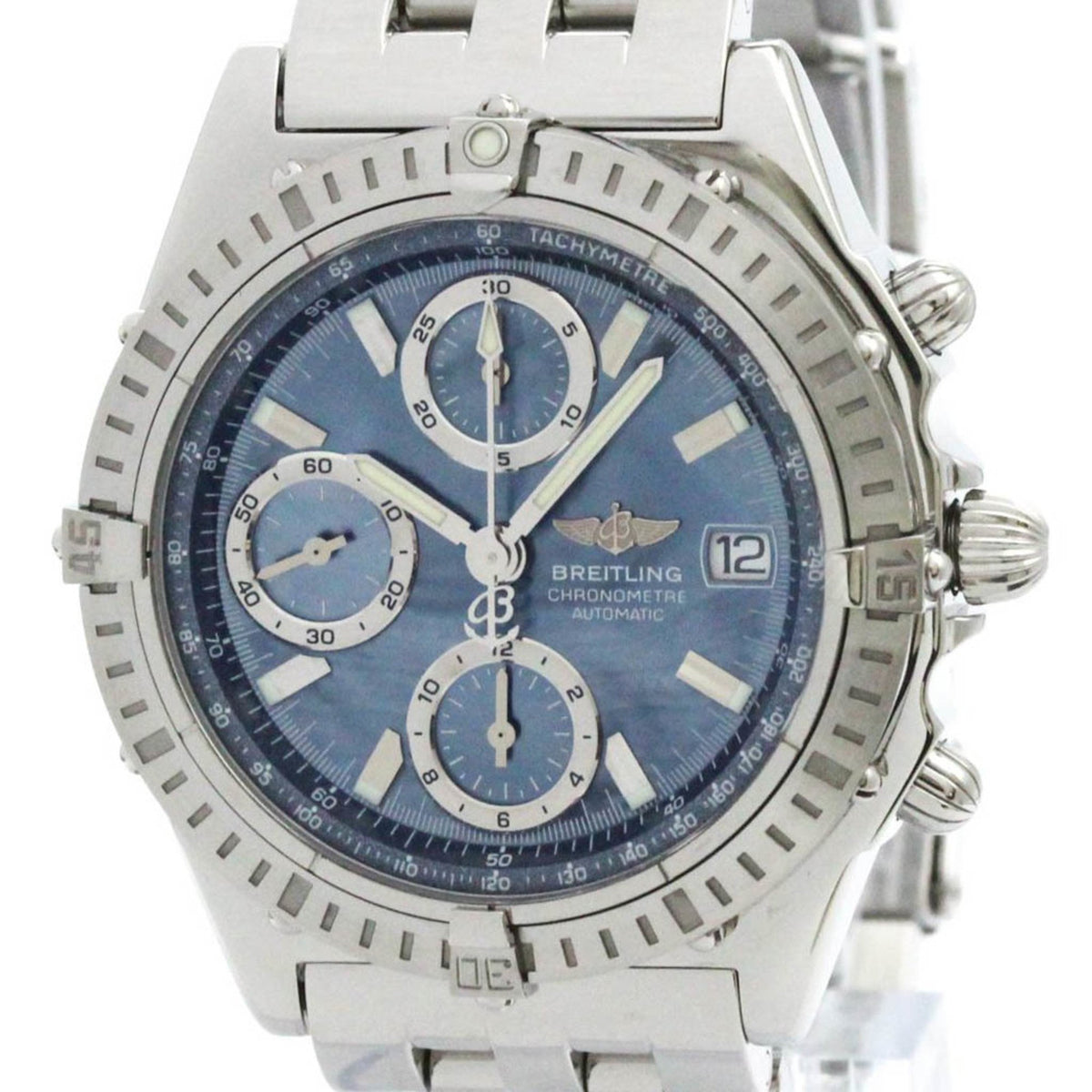 Gebrauchte, polierte Breitling Chronomat Automatikuhr aus Stahl mit blauem Perlmutt-Zifferblatt A13352 BF581996 