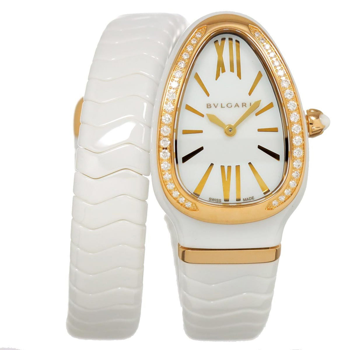 Pre-Owned BVLGARI Serpenti SPC35WG Women's Watch with Diamond Bezel, White Ceramic, 18K Gold, Quartz Movement