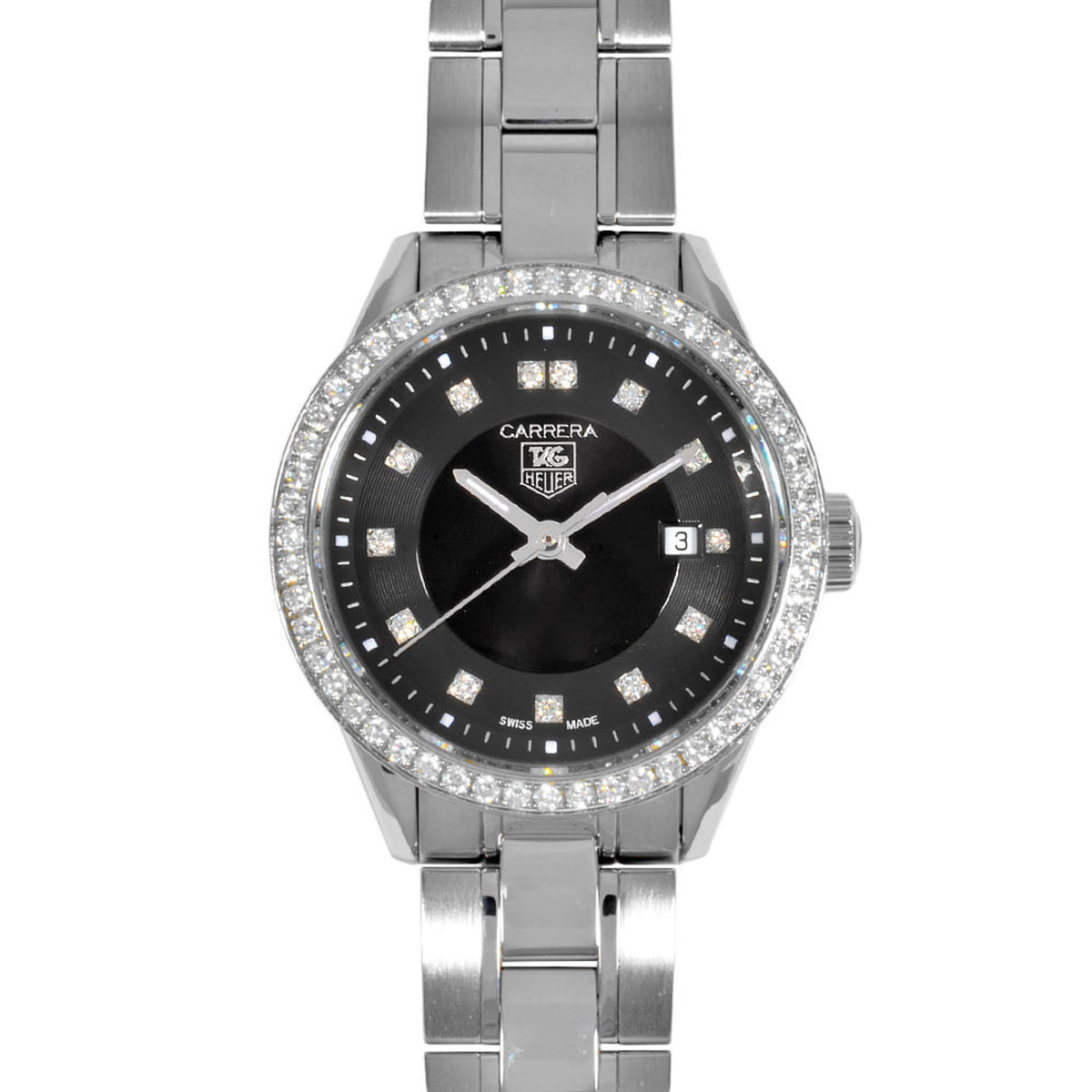 Gebrauchte TAG Heuer WV1412.BA0793 Carrera Uhr Quarz Schwarzes Zifferblatt Datum 13P Diamant Lünette Damen 