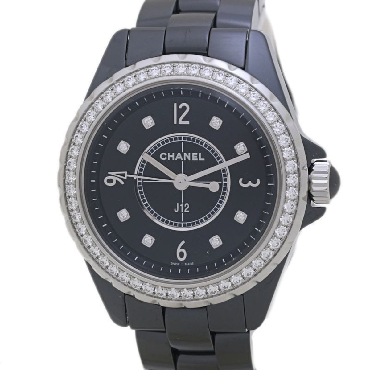 Pre-Owned CHANEL J12 Black Ceramic with 8 Diamond Bezel, H3108, Women's Watch, and Stainless Steel, 40060