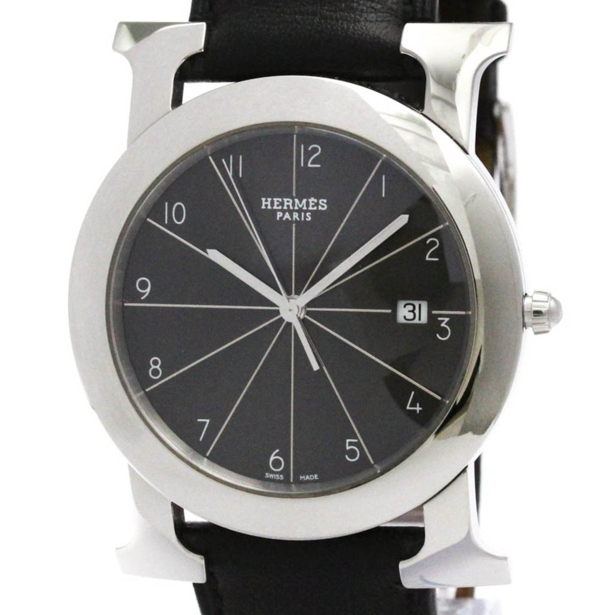 Gebrauchte HERMES H Uhr Rond Stahl Leder Quarz Herrenuhr HR1.710 Poliert 