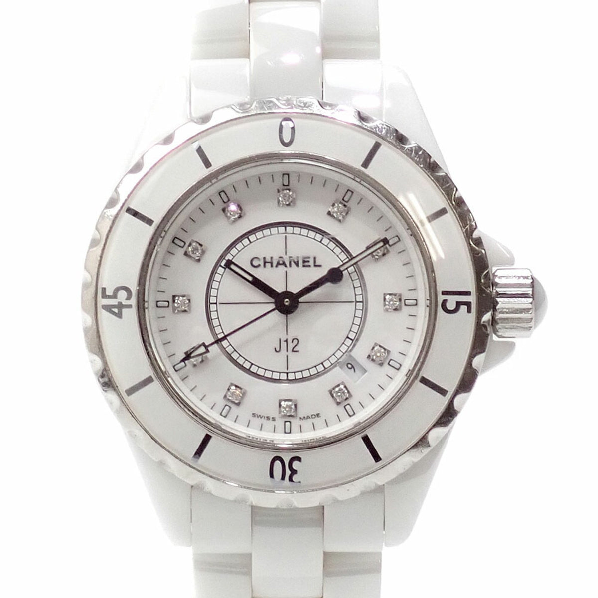 Pre-Owned Chanel J12 Women's Quartz Ceramic Watch H1628 Battery-Operated White with Diamonds
