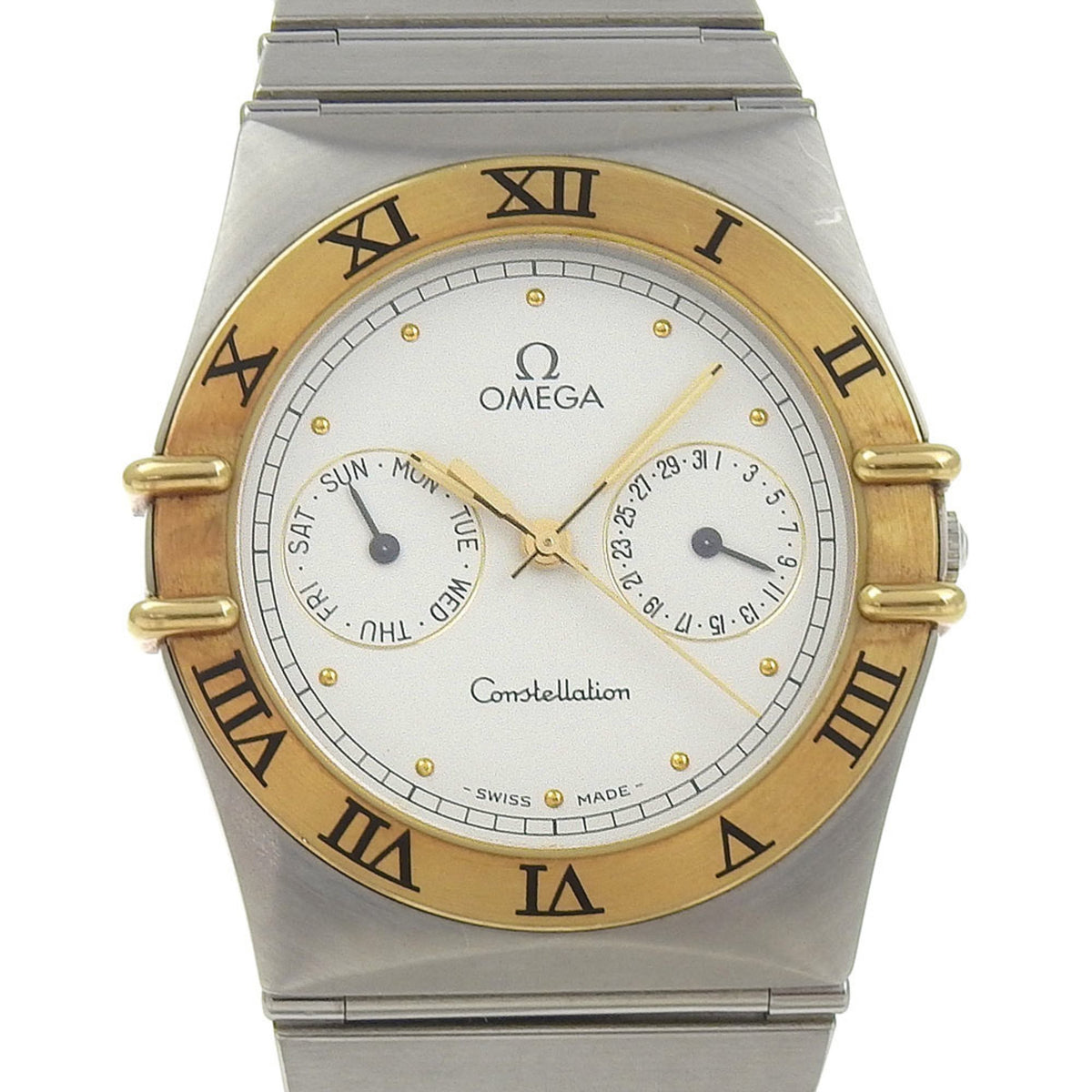 Gebrauchte OMEGA Constellation Day-Date Uhr Edelstahl x 18K Gelbgold Quarz Mehrzeiger Analoganzeige Weißes Zifferblatt Jungen 