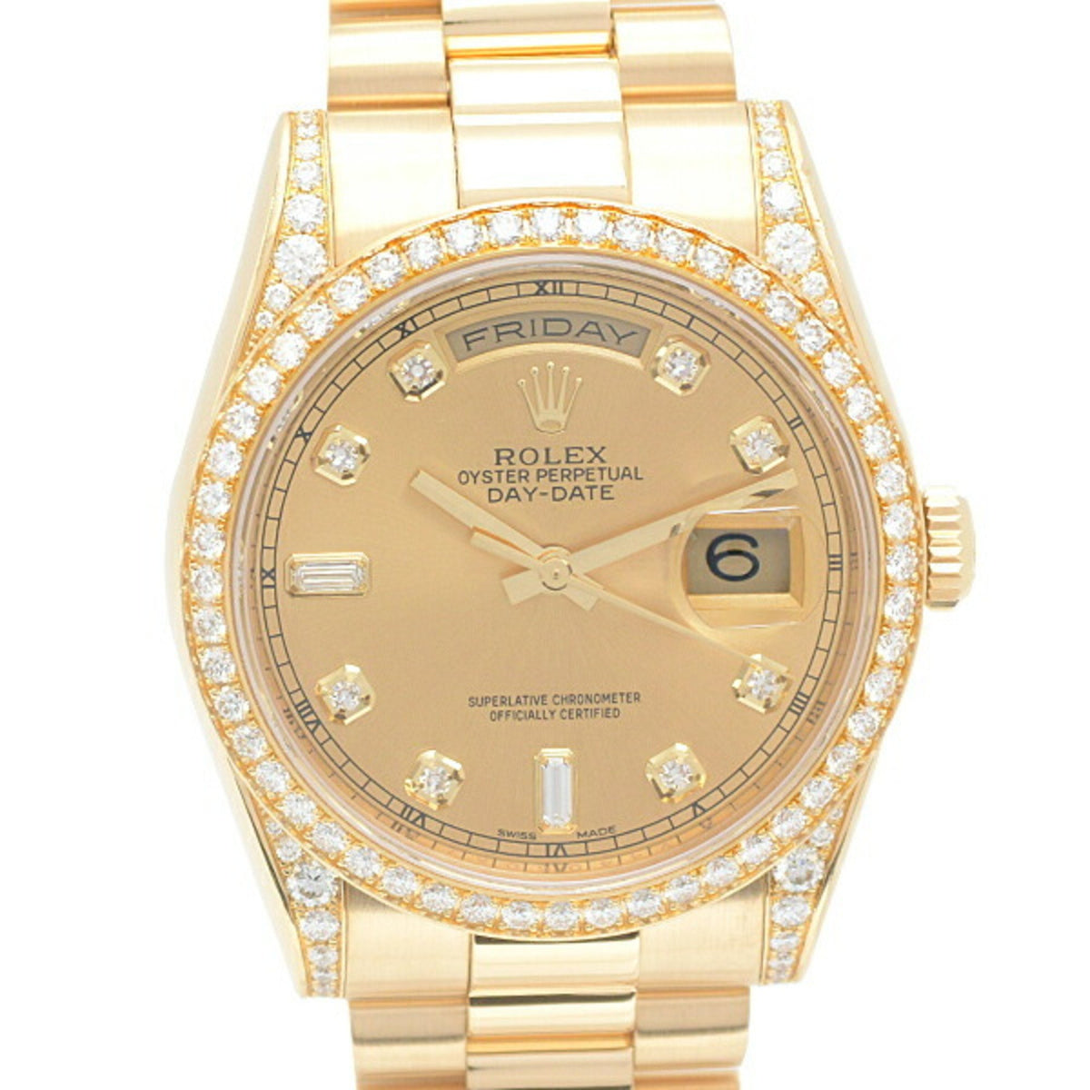 Gebrauchte Rolex Uhr Herren Day-Date 36 Diamant Lünette, Lug Diamonds, 8P 2P Bucket Automatic, Random, Goldenes Zifferblatt, 750YG, ROLEX 118388A 