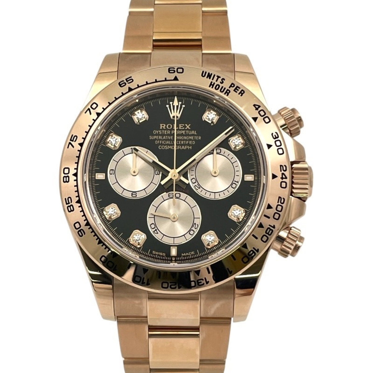 Gebrauchte ROLEX Cosmograph Daytona 126505G Herrenuhr in 18 Karat Rotgold, Zufallszahl, 2024 Garantie, Diamanten, Hellschwarz, Sandstaub 
