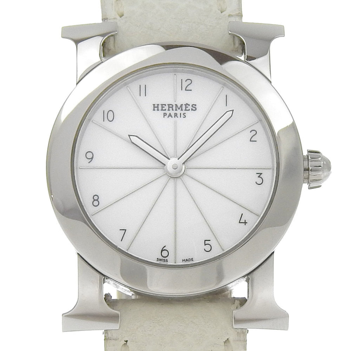 Gebrauchte Hermes HERMES H Uhr Rondo Armbanduhr HR1.210 Edelstahl x geprägtes Leder 2006 ?J Quarz Analoganzeige Weißes Zifferblatt Heure Uhr Damen 