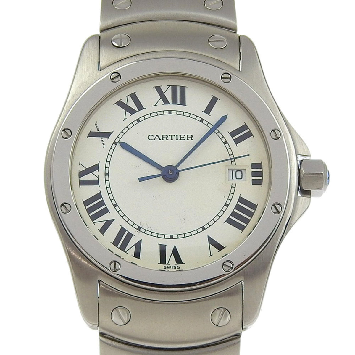 Gebrauchte Cartier Santo Cougar MM Uhr W20027K1 Edelstahl Quarz Analoganzeige Weißes Zifferblatt Unisex 