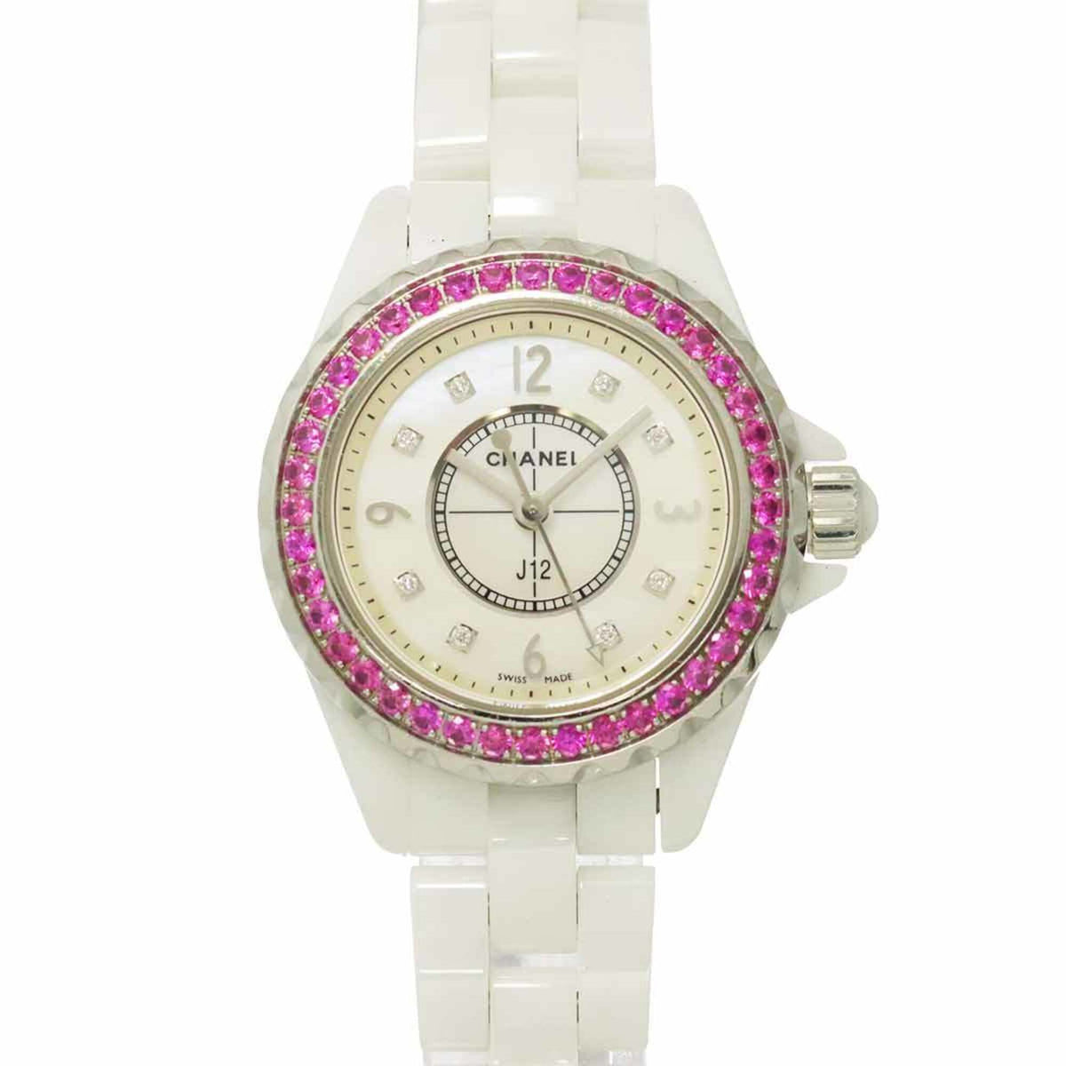 Pre-Owned Chanel J12 29mm H3243 Women's Watch, Pink Sapphire Bezel, 8 Diamonds, White Shell Ceramic Quartz Watch