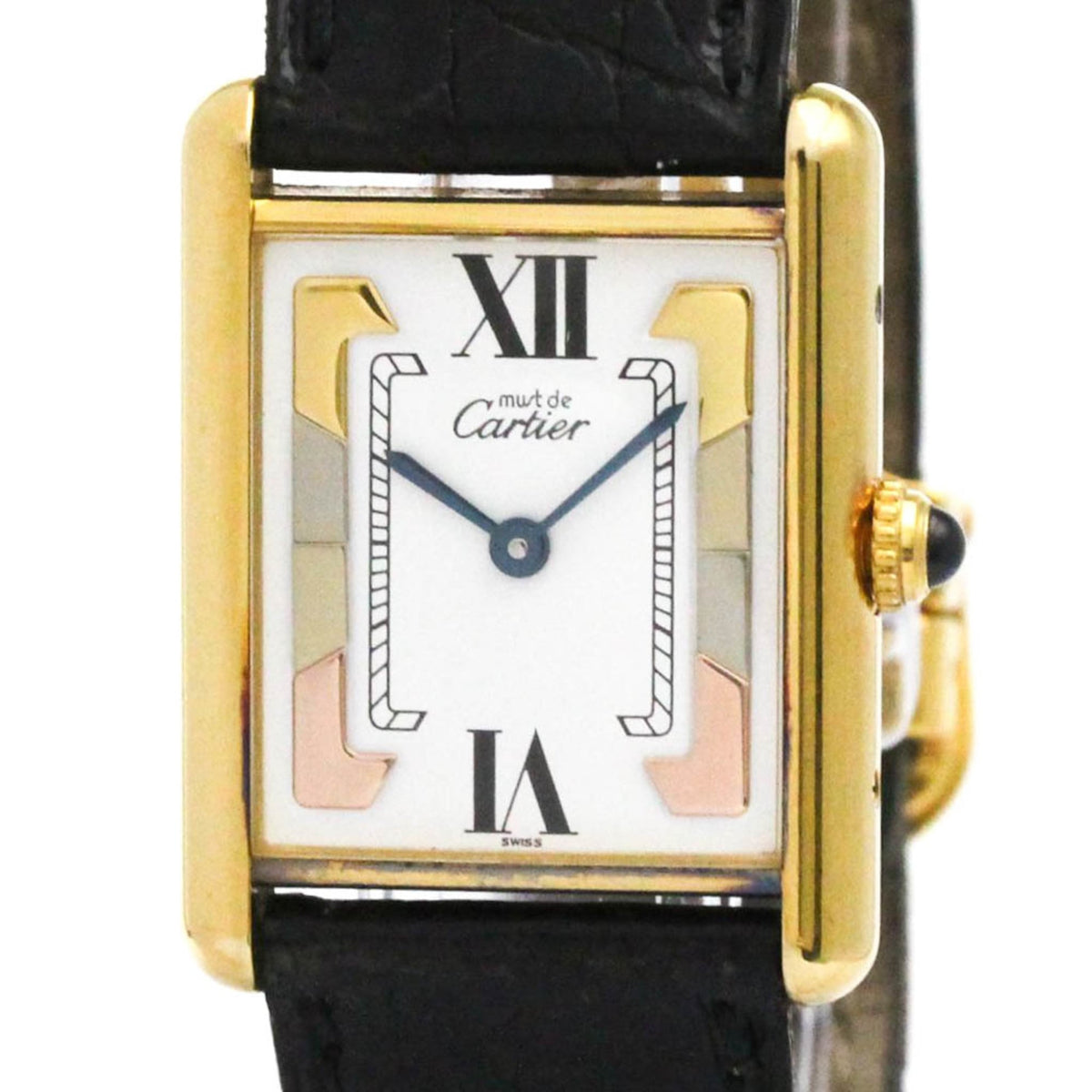 Pre-Owned CARTIER Tank Vermeil Gold Plated Leater Quartz Mens Watch 590005