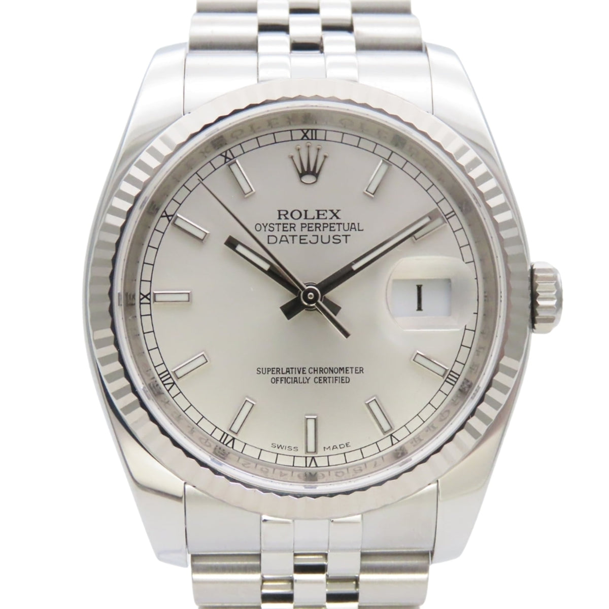 Pre-Owned Rolex Datejust 36 116234 Stainless Steel, 18K White Gold, Silver Dial, Bar Index, Men's Watch