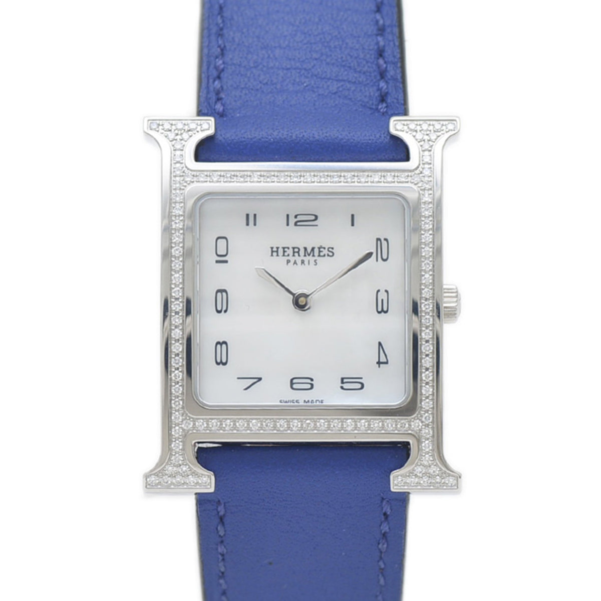 Pre-Owned Herm?s H Watch PM Women's Shell Dial with Stainless Steel Diamonds and Leather Strap, Quartz Movement, HH1.531