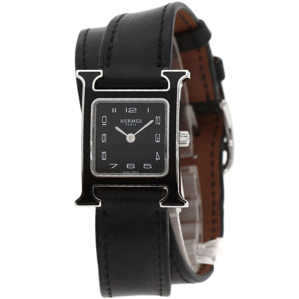 Gebrauchte Hermes HH1.221.336 VB89 H Uhr Double Tour Schwarz Lack Armbanduhr Edelstahl Leder Damen HERMES 