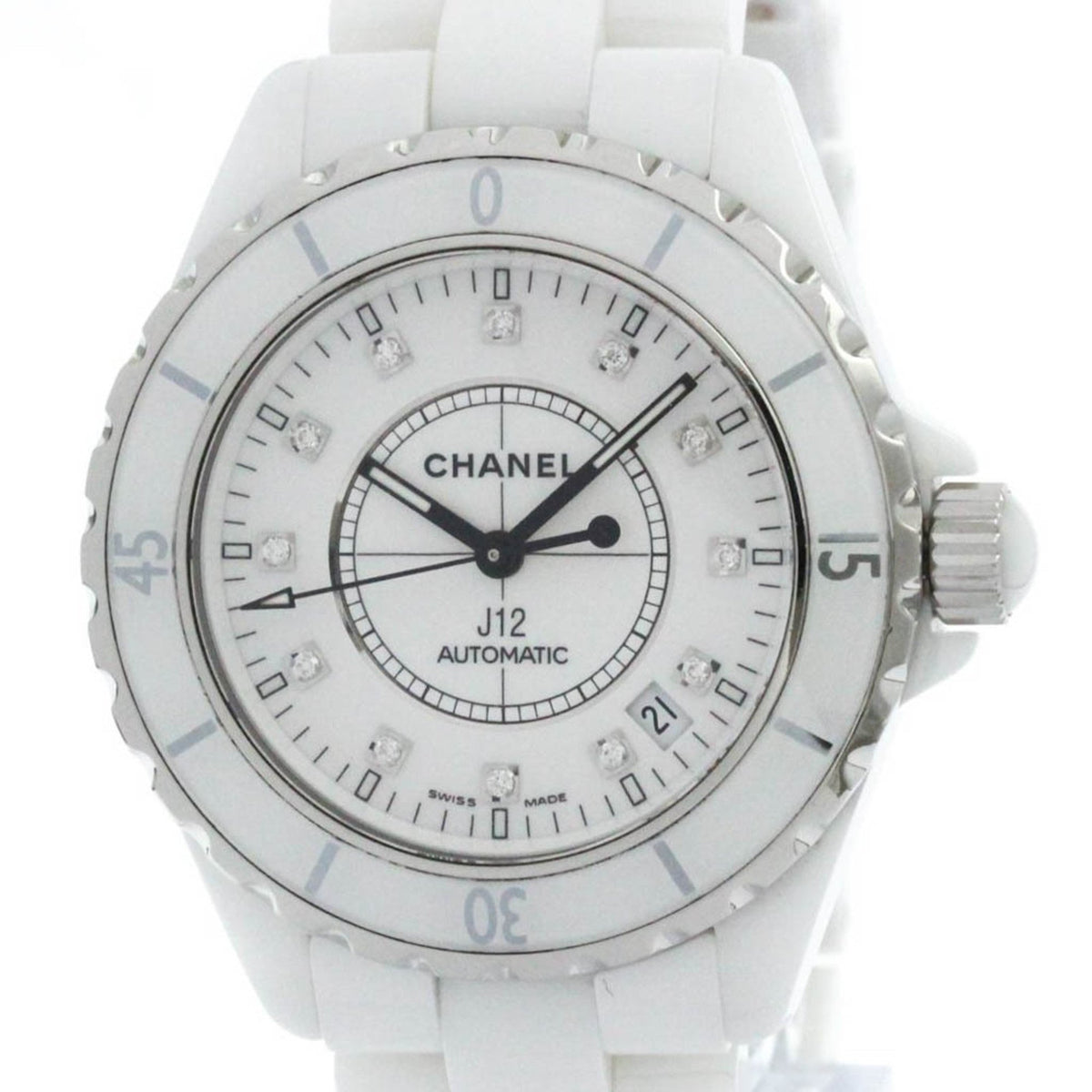 Gebrauchte, polierte CHANEL J12 Diamant-Keramik-Automatik-Herrenuhr H1629 BF581641 