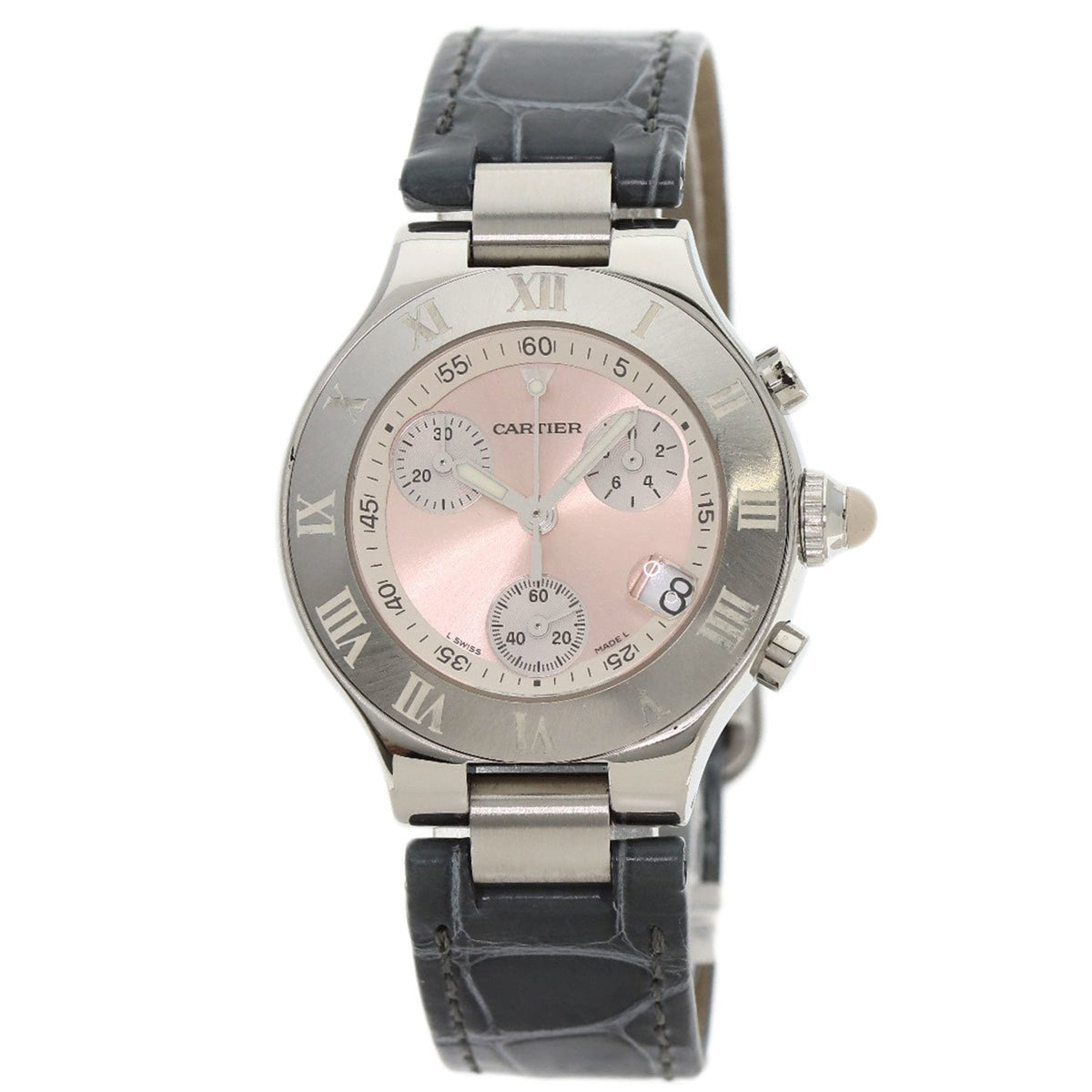Pre-Owned Cartier W1020012 Chronoscaph SM Watch in Stainless Steel and Leather for Women