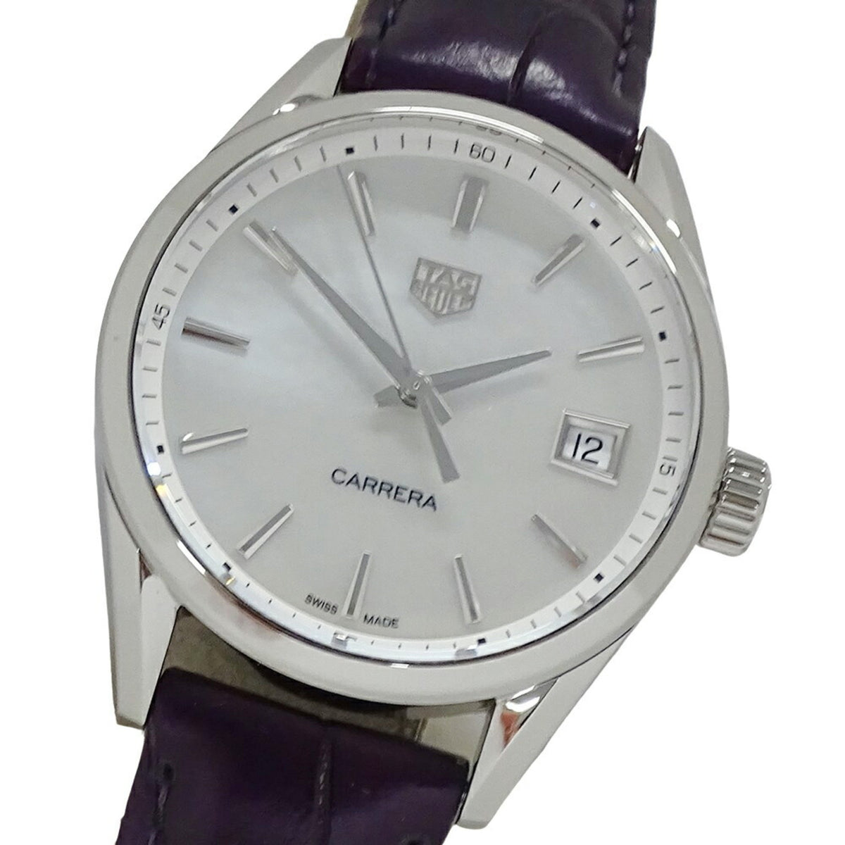 Gebrauchte TAG Heuer Carrera WBK1311 FC8261 Uhr für Damen, Datum, Shell, Quarz, Edelstahl, SS, Leder, poliert 
