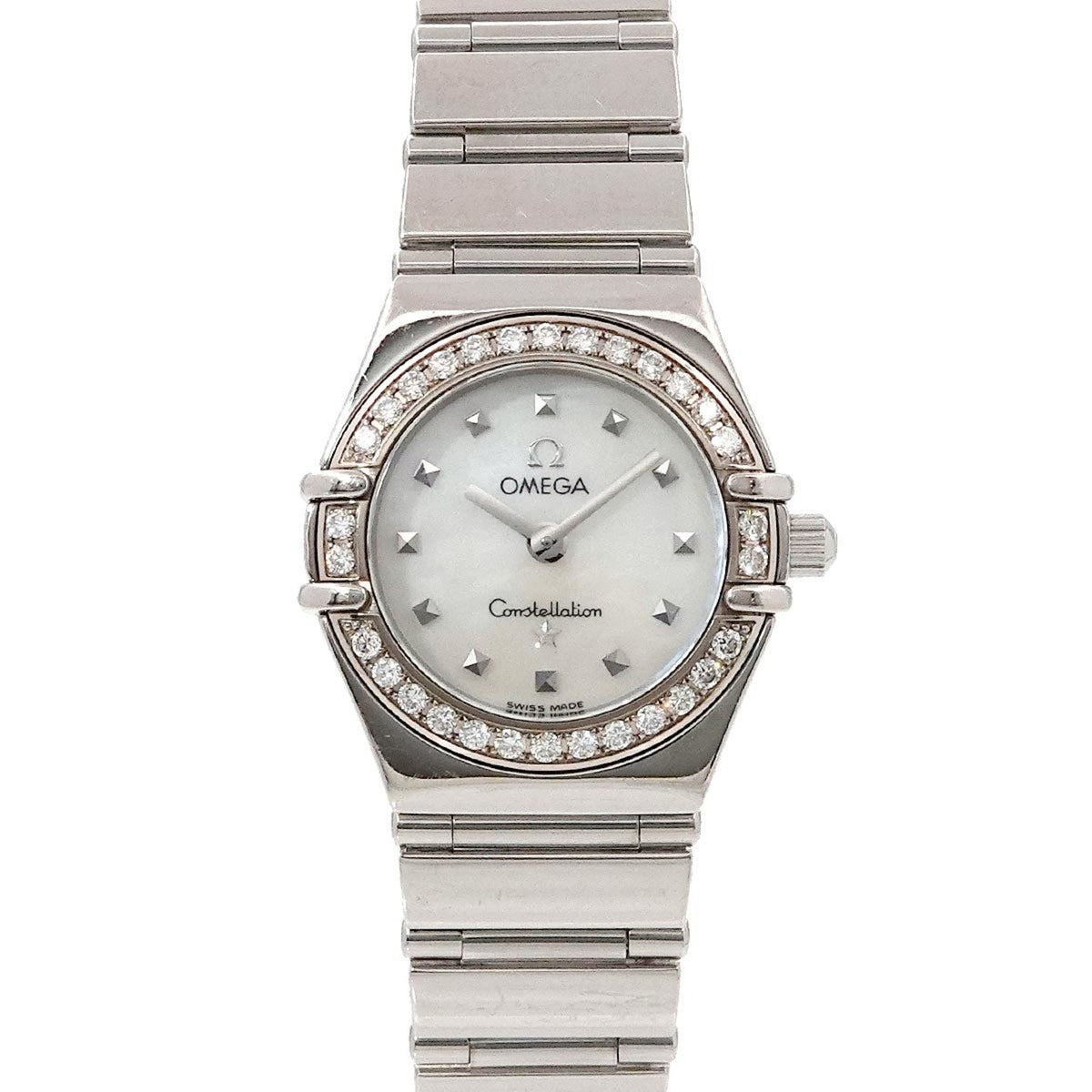 Gebrauchte OMEGA Constellation Mini My Choice 1465 71 Diamantlünette Damenuhr Weißes Muschelquarz 