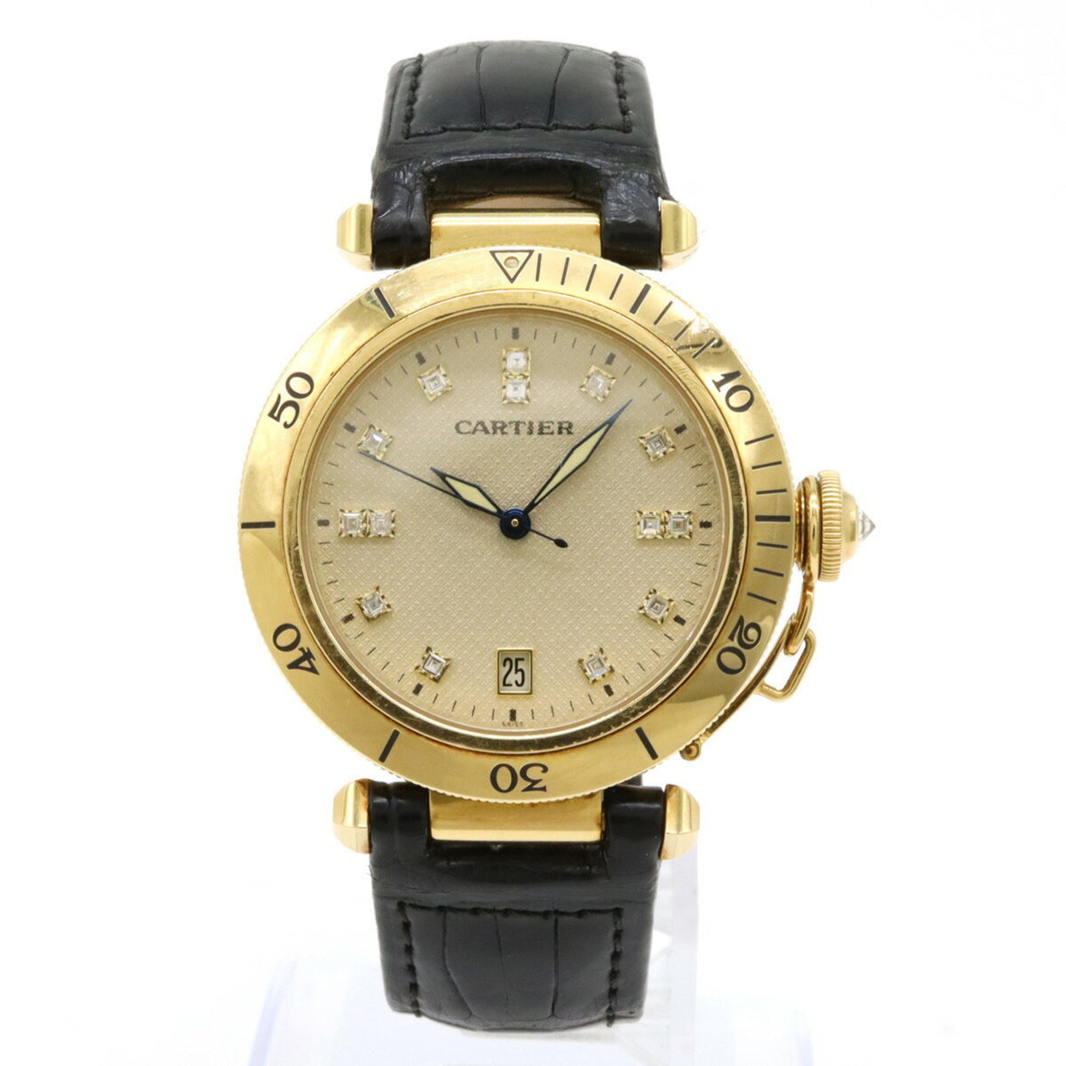 Gebrauchte Cartier Pasha Herrenuhr mit elfenbeinfarbenem Guilloche-Zifferblatt, 18 Karat Gelbgold und Diamanten, automatische Übersetzung W3010451 